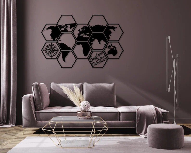 Panneau mural hexagonal avec carte du monde (A3)