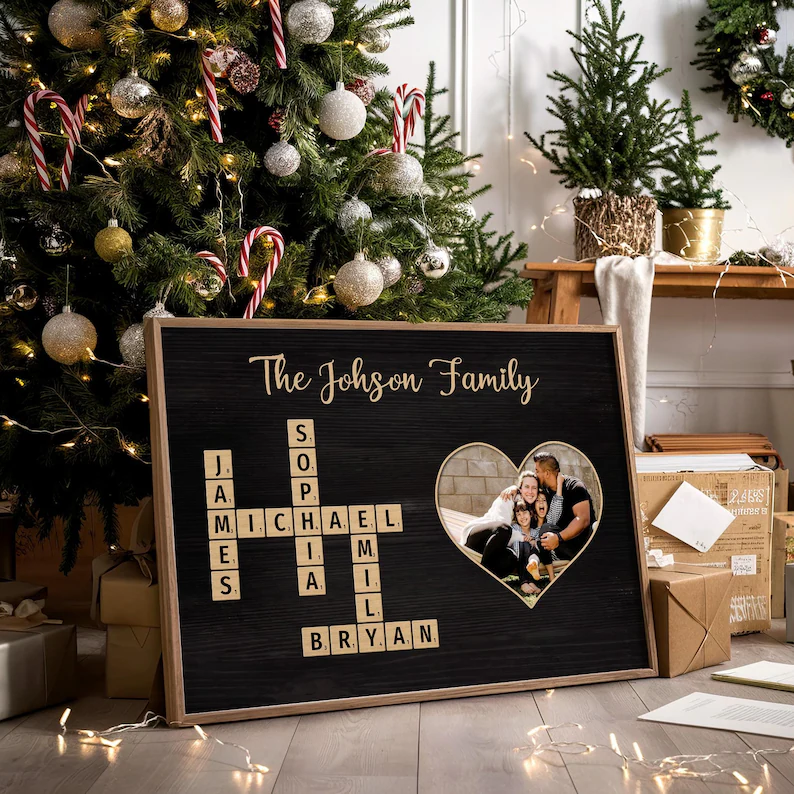 Toile personnalisable avec les noms des membres de la famille et photo couple