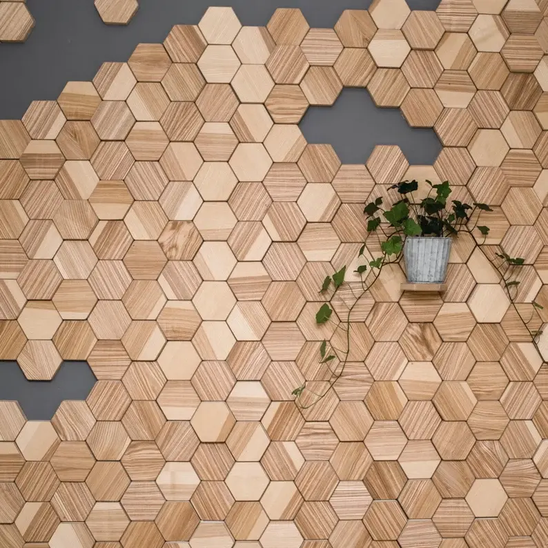 Art mural hexagonal en bois, décoration de panneaux géométriques en bois (1 m / 1 m)