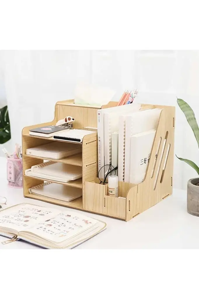 Organisateur de bureau en bois papeterie personnalisé (L)